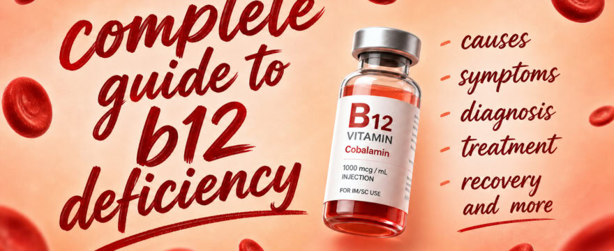 Graphic with handwritten title “complete guide to B12 deficiency” and a list of topics.