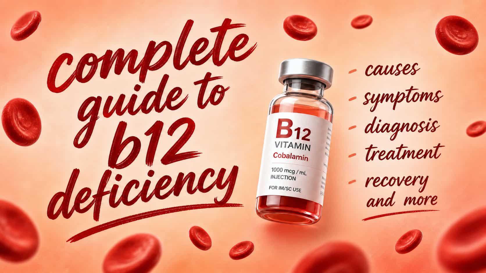 Graphic with handwritten title “complete guide to B12 deficiency” and a list of topics.