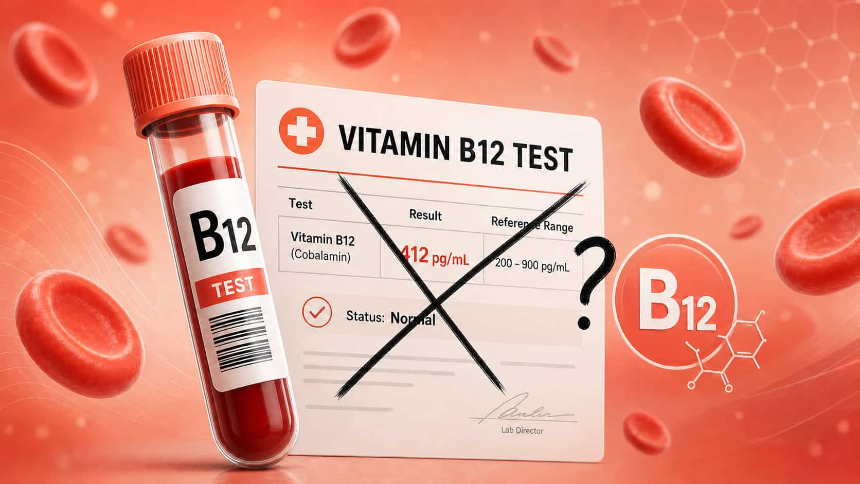 A B12 blood sample next to a crossed-out test result marked normal, suggesting that normal B12 levels may not be optimal.