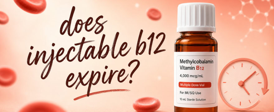 Handwritten title 'does injectable b12 expire?' over a medical illustration of a methylcobalamin vial.