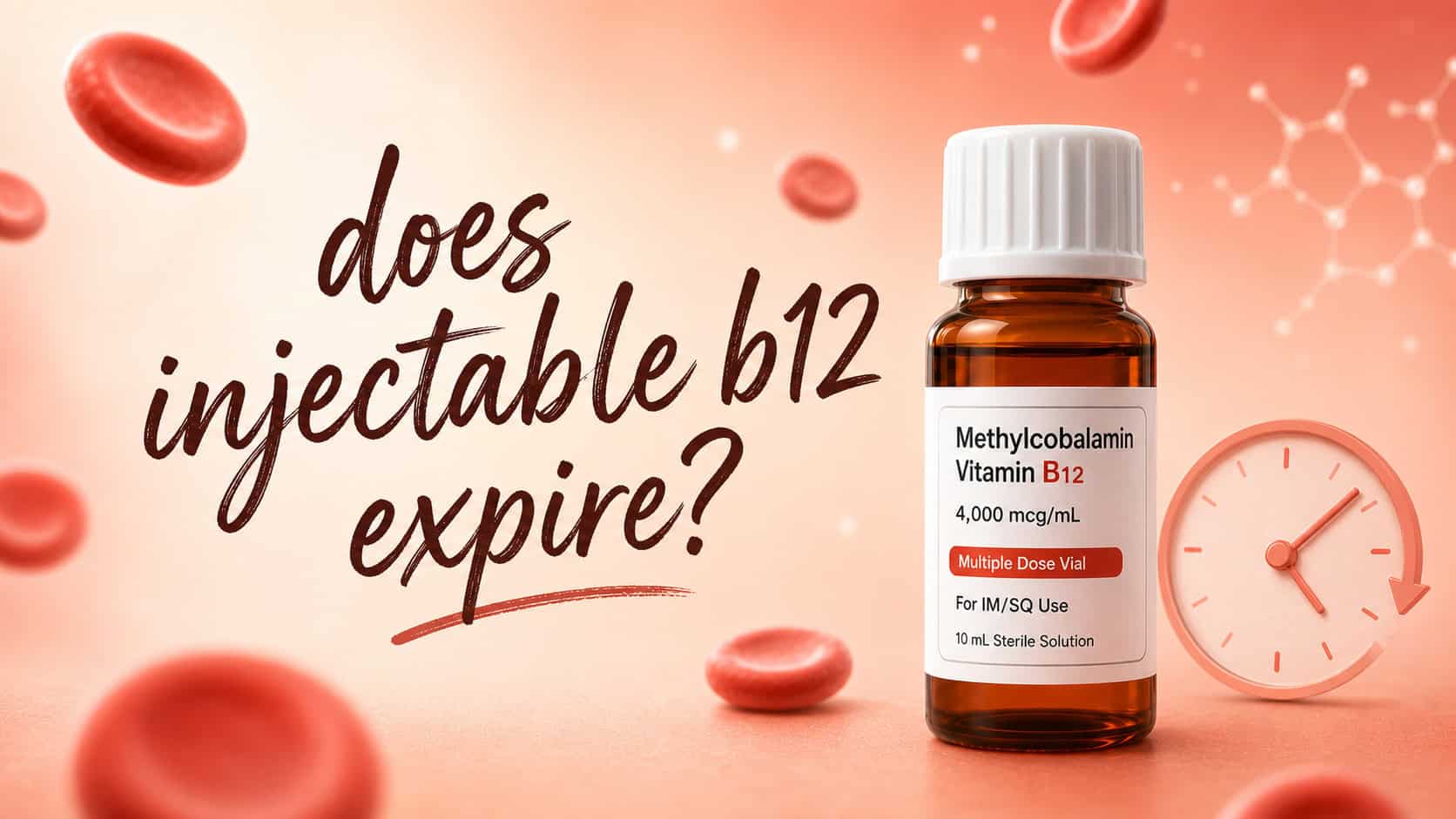 Handwritten title 'does injectable b12 expire?' over a medical illustration of a methylcobalamin vial.