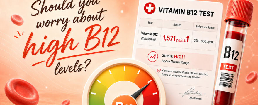 Illustration of high B12 levels with a result of 1571 and a question about whether it is concerning.