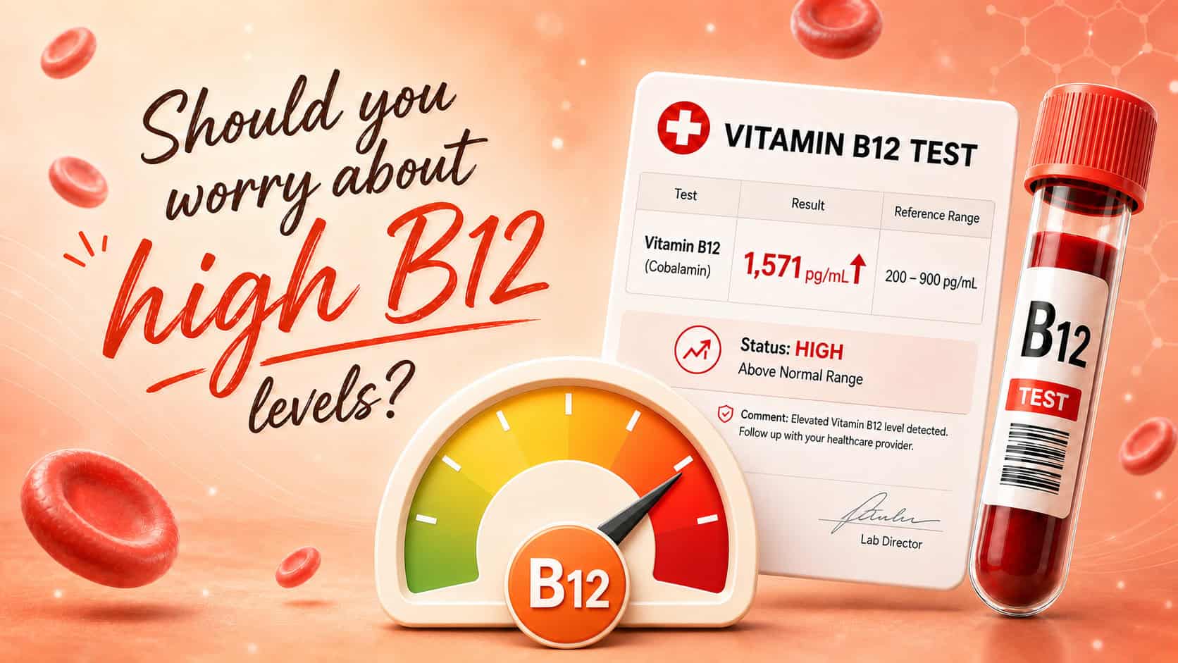 Illustration of high B12 levels with a result of 1571 and a question about whether it is concerning.