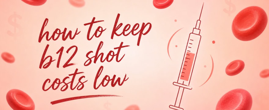 Handwritten text reading “how to keep b12 shot costs low” on a soft peach background with red blood cells.