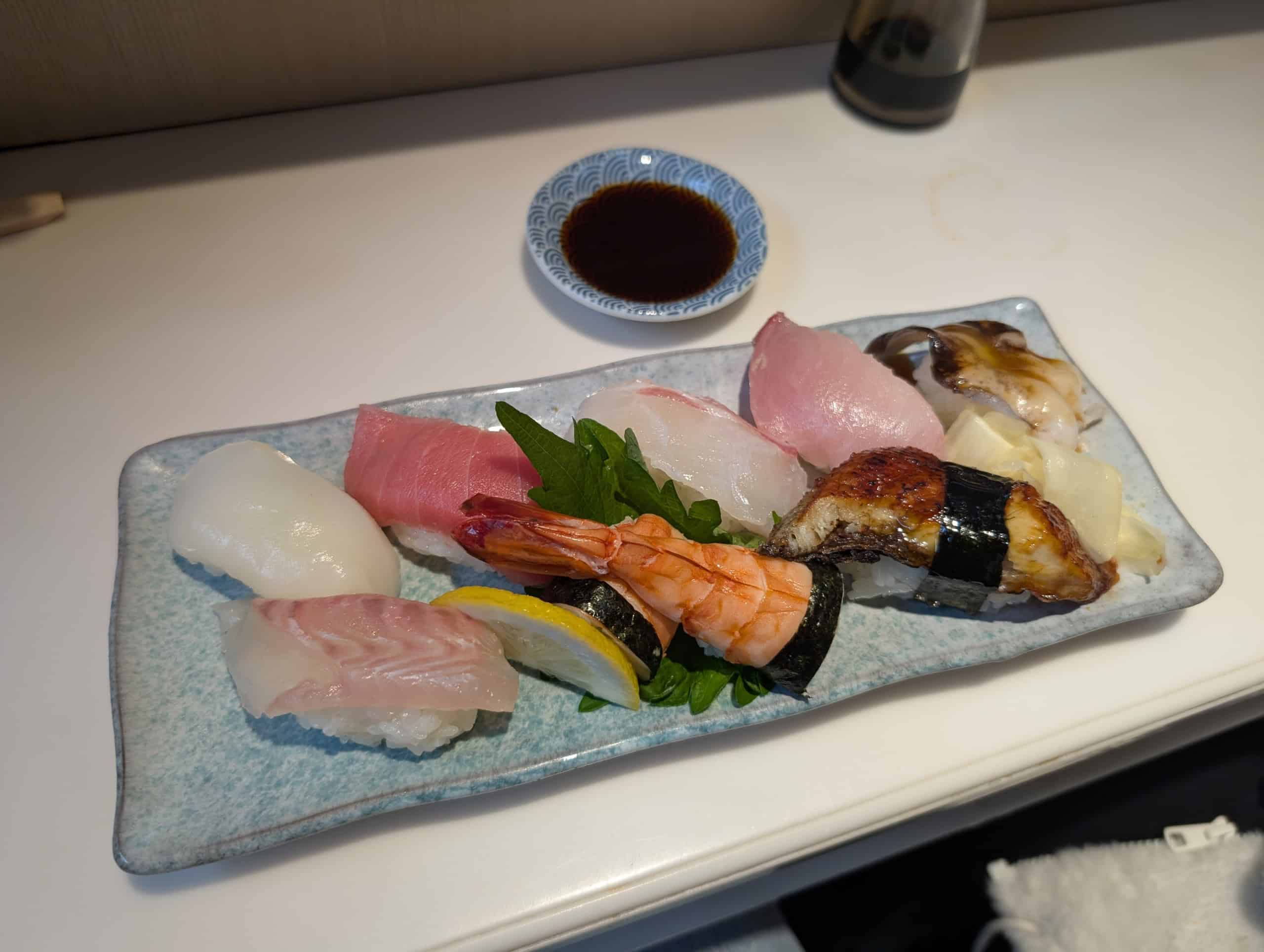A plate of nigiri sushi in Japan.