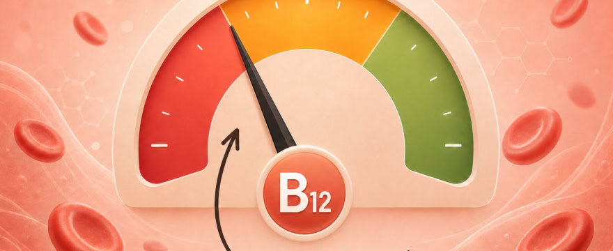 A visual gauge showing that 'Normal' B12 levels are usually borderline-deficient.