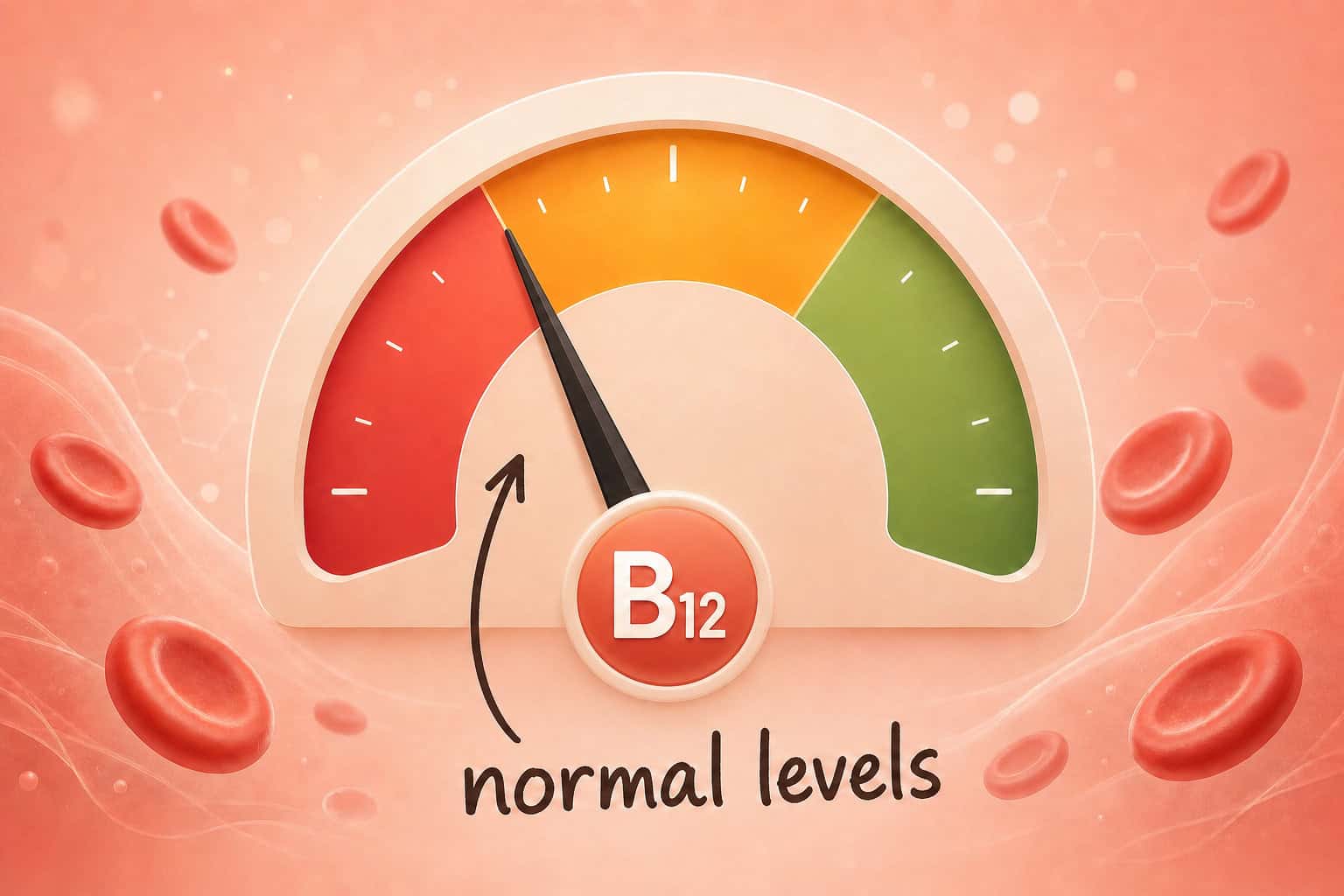 A visual gauge showing that 'Normal' B12 levels are usually borderline-deficient.